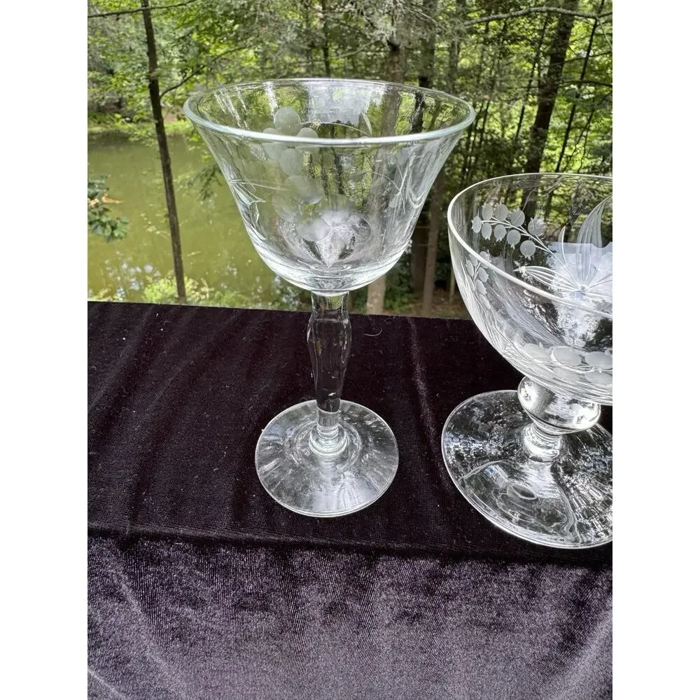 Vintage 1950’s Etched Floral Grape Stemware Dessert & Sherry Glasses -8/28